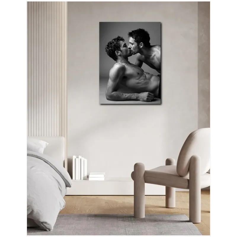 Sensual Male Kiss Black and White Portrait
