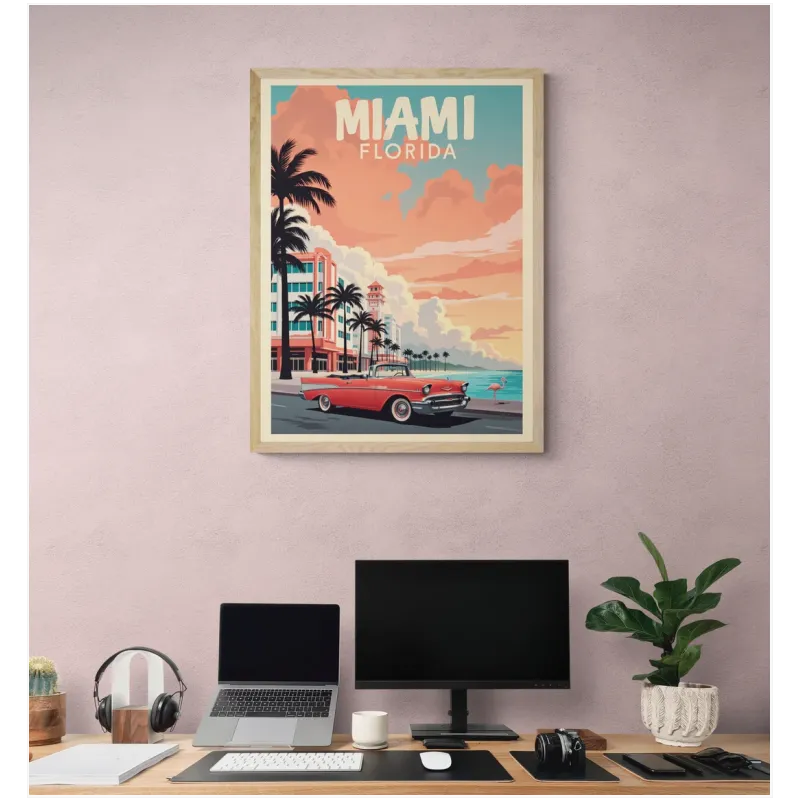 Retro Miami Travel Poster with Classic Car