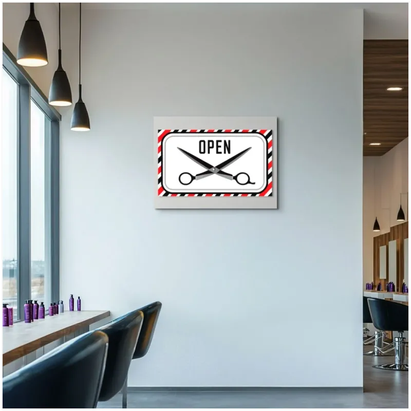 Πινακίδα Barbershop Open Ρετρό Ψαλίδι Κόκκινο Μαύρο