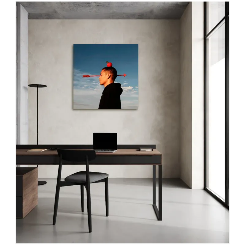 Surreal Man Portrait with Apple and Red Arrow