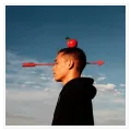 Surreal Man Portrait with Apple and Red Arrow