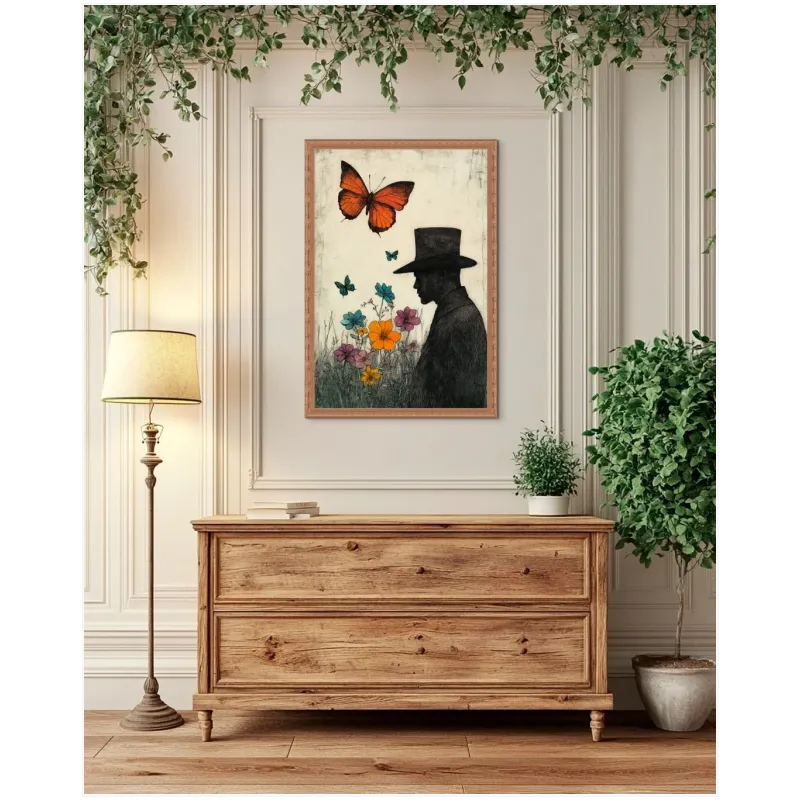 Silhouette Gentleman Portrait with Vintage Butterflies Art