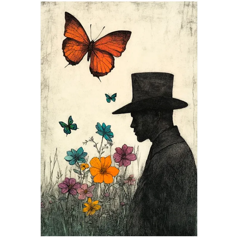 Silhouette Gentleman Portrait with Vintage Butterflies Art
