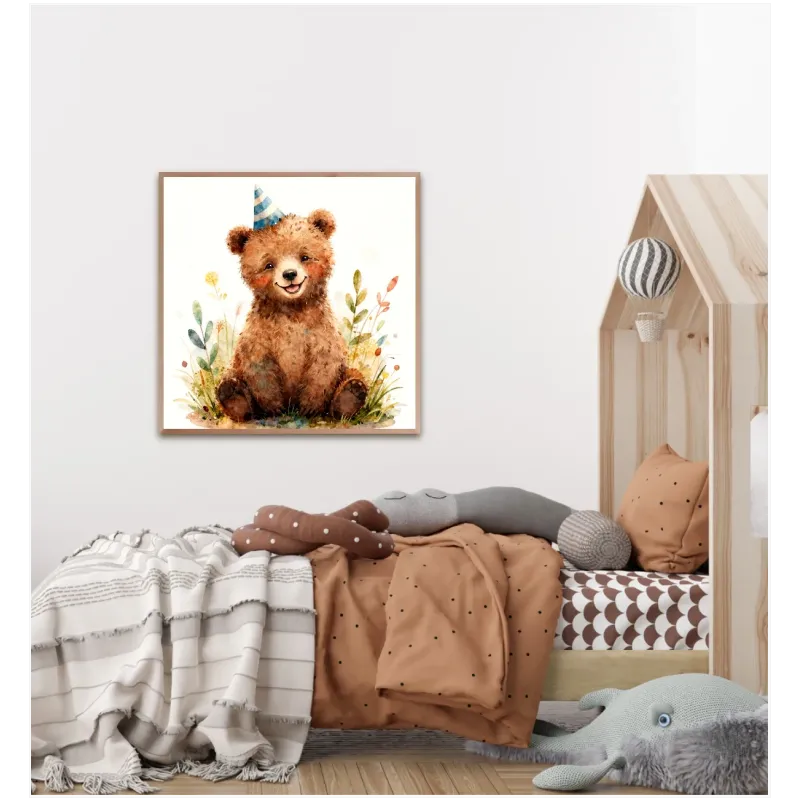 Cute Party Bear Watercolor Illustration Brown Nursery Art