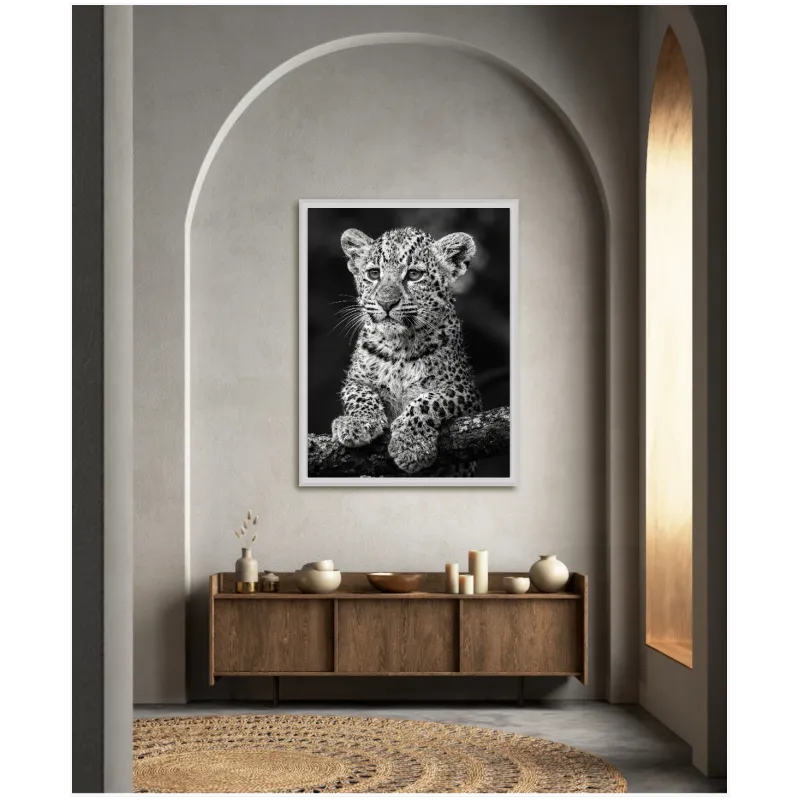 Little Leopard Cub on Branch Black and White Portrait