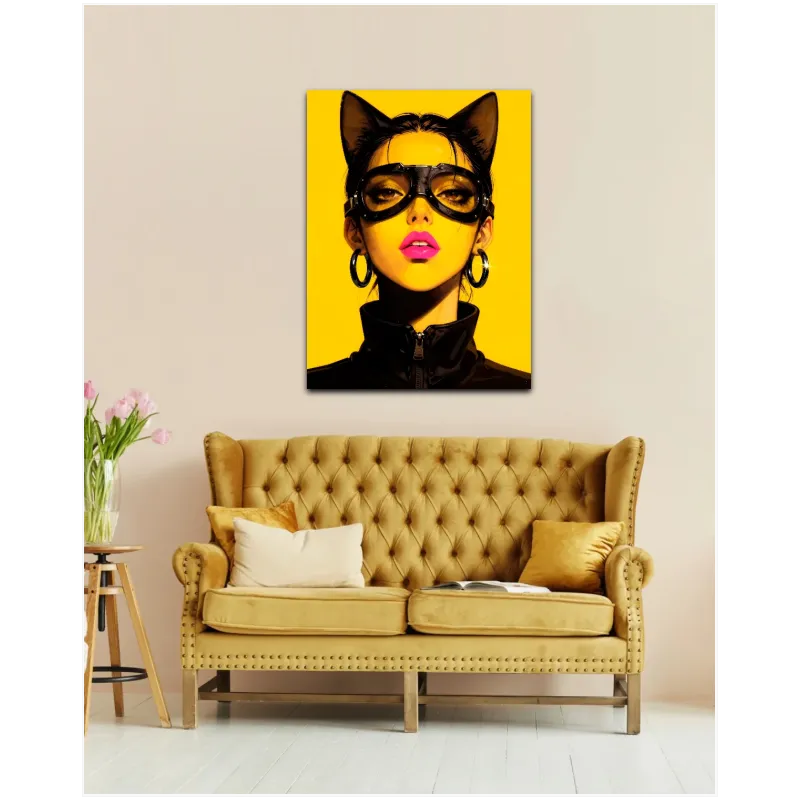 Γυναίκα Γάτα Pop Art Κίτρινο Φόντο