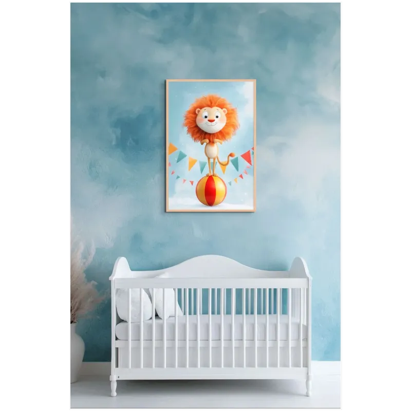 Playful Circus Lion Balancing on Ball