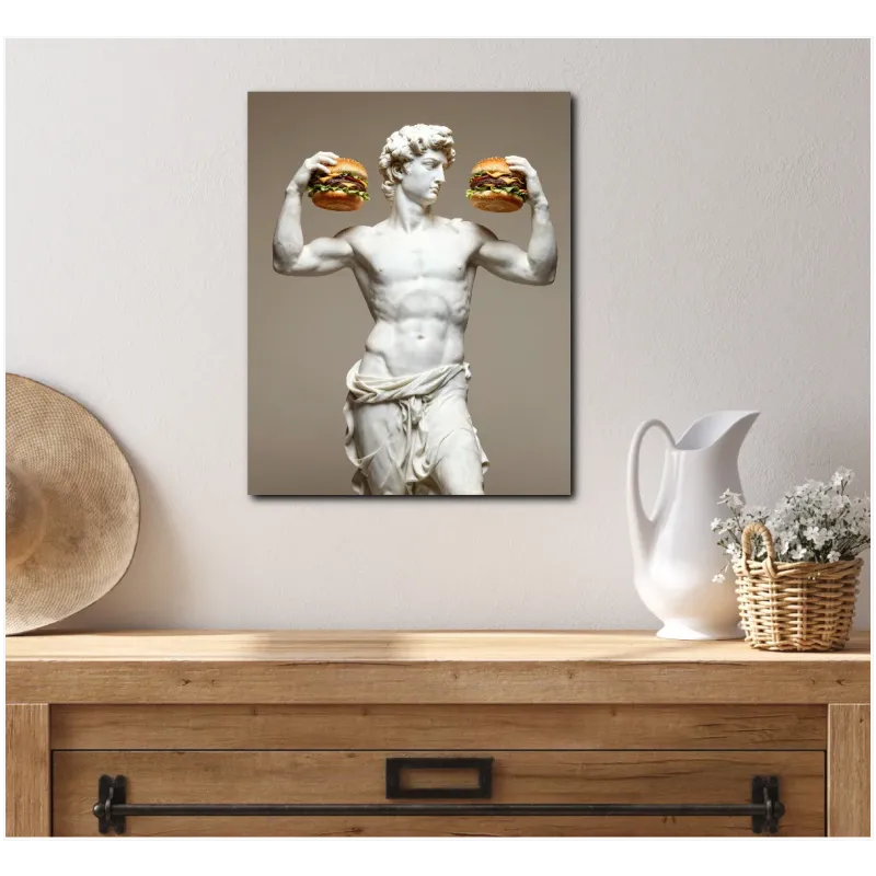 Κλασικό Άγαλμα Δαυίδ με Burger Χιουμοριστικός Πίνακας Σε Μπεζ Φόντο