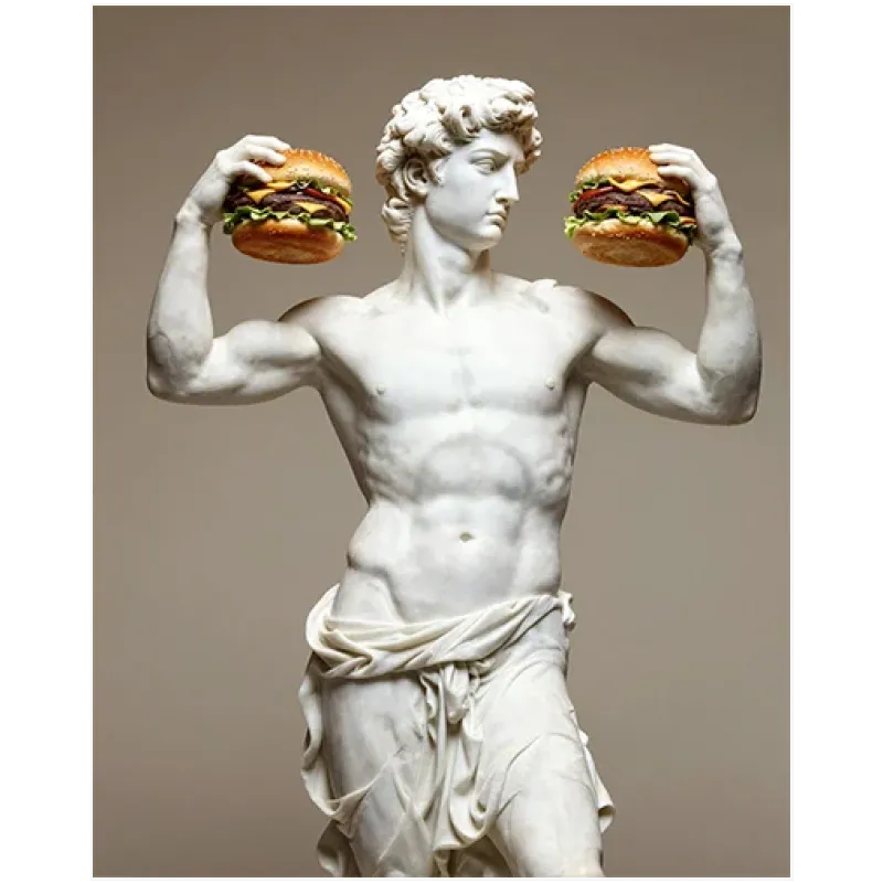 Κλασικό Άγαλμα Δαυίδ με Burger Χιουμοριστικός Πίνακας Σε Μπεζ Φόντο