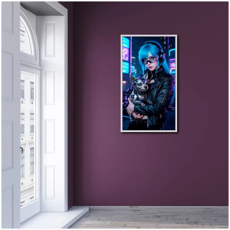 Γυναίκα Cyberpunk με Ρομποτικό Σκύλο σε Μπλε και Νέον Τόνους