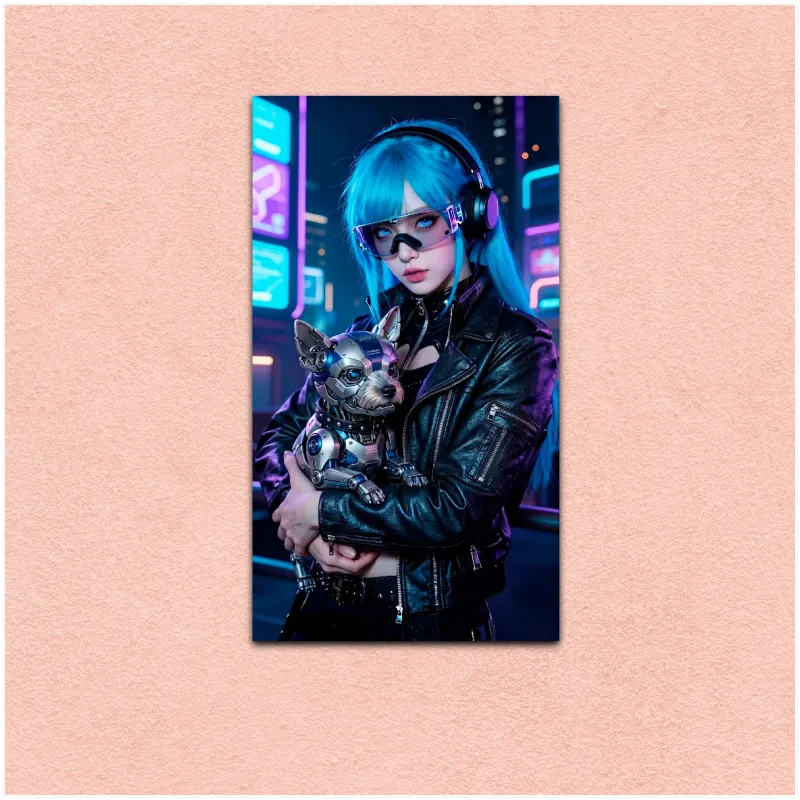 Γυναίκα Cyberpunk με Ρομποτικό Σκύλο σε Μπλε και Νέον Τόνους
