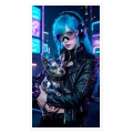Γυναίκα Cyberpunk με Ρομποτικό Σκύλο σε Μπλε και Νέον Τόνους