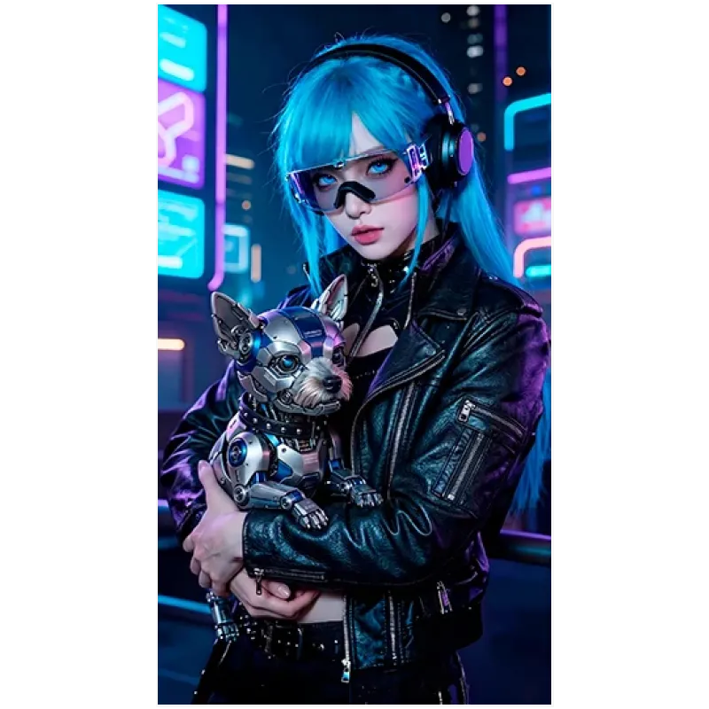 Γυναίκα Cyberpunk με Ρομποτικό Σκύλο σε Μπλε και Νέον Τόνους