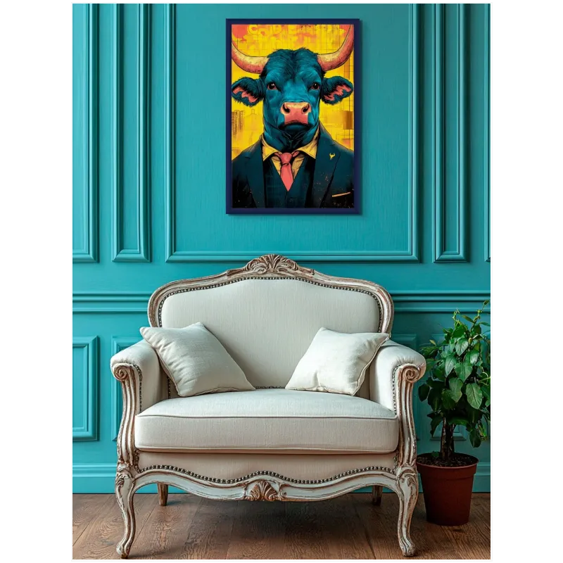 Bull in Business Suit Pop Art Blue Yellow
