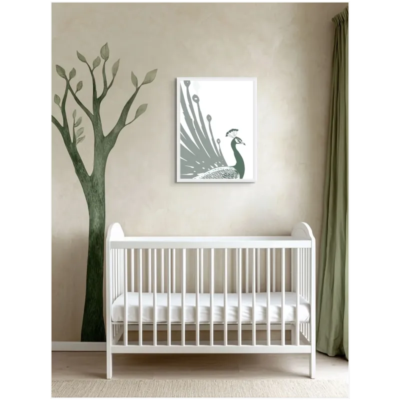 Elegant Minimalist Peacock Illustration In Sage Green