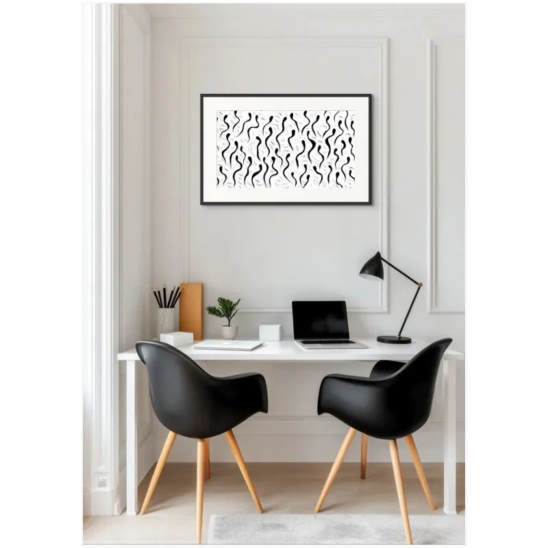 Abstract Composition Flowing Black Lines On White