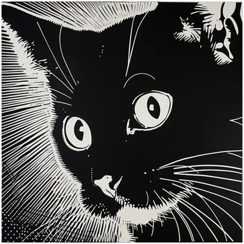 Black Cat Linocut Style Abstract Black White Art