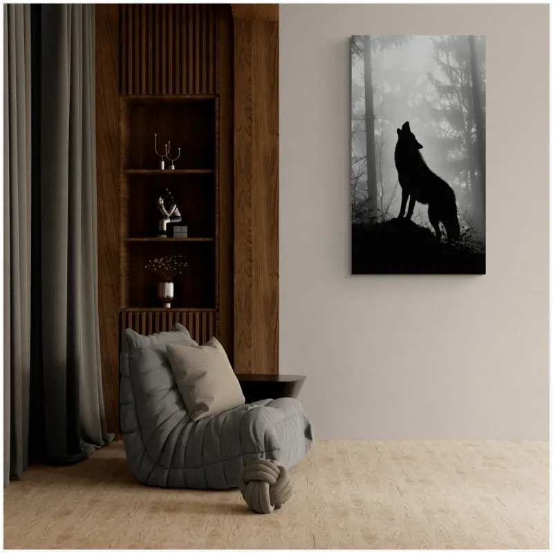 Howling Wolf Silhouette Foggy Forest Black White