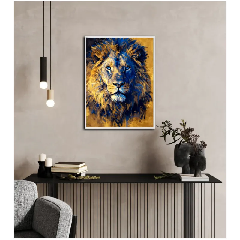 Majestic Lion Portrait Dynamic Abstract Art Blue Gold