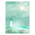 Lighthouse Coast Moonlight Landscape Mint Green Art