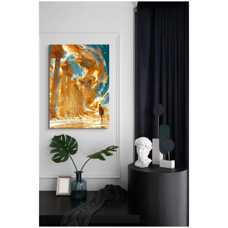 Ancient Columns in Surreal Gold Landscape