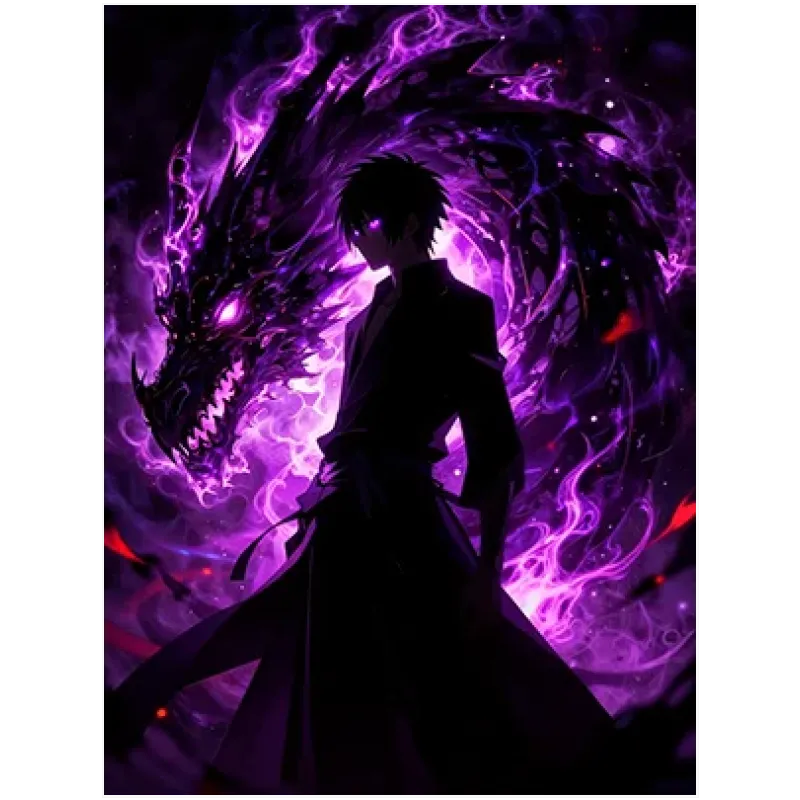 Σκοτεινός Πολεμιστής Anime με Δράκο Φλόγας σε Μωβ Φόντο