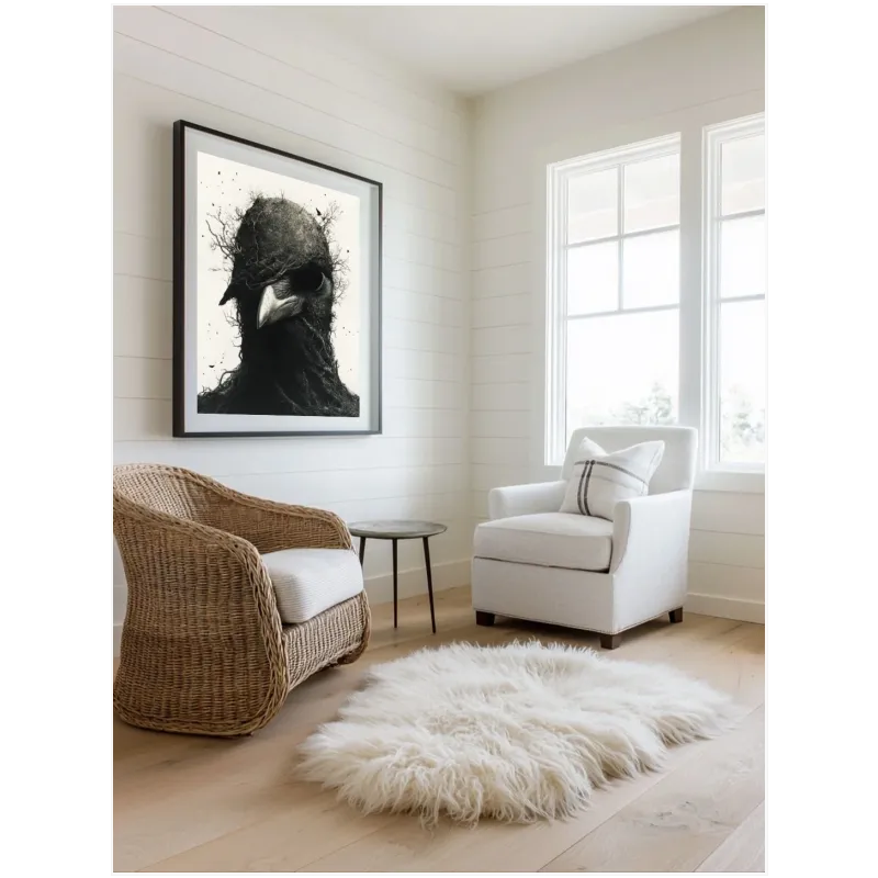 Surreal Bird Portrait with Twigs Black White