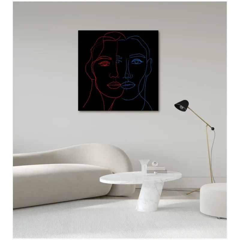 Abstract Dual Faces Line Art Red Blue