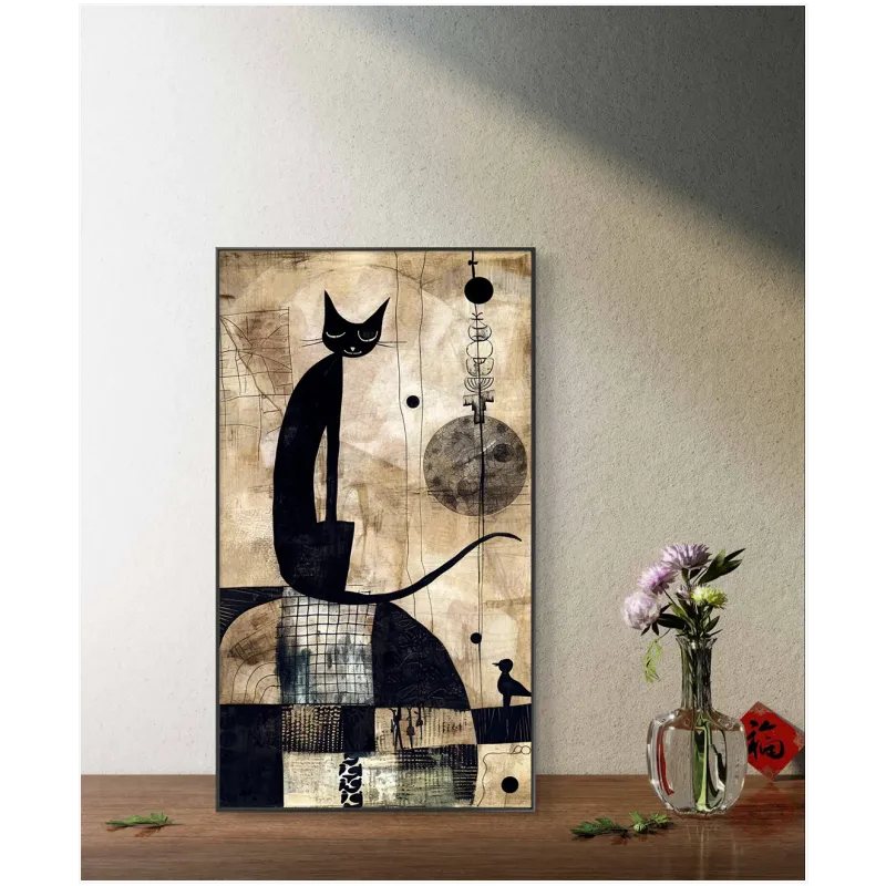 Black Cat Abstract Vintage Earth Tone Canvas