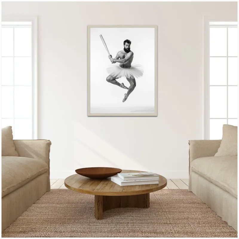 Bearded Male Ballerina Holding Baseball Bat Black and White