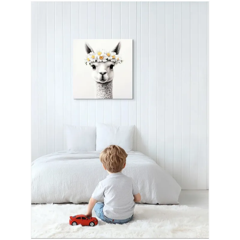 Cute Alpaca with Daisy Crown White Minimal