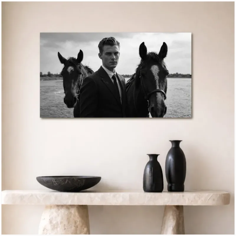 Classic Man with Horses Black and White Canvas