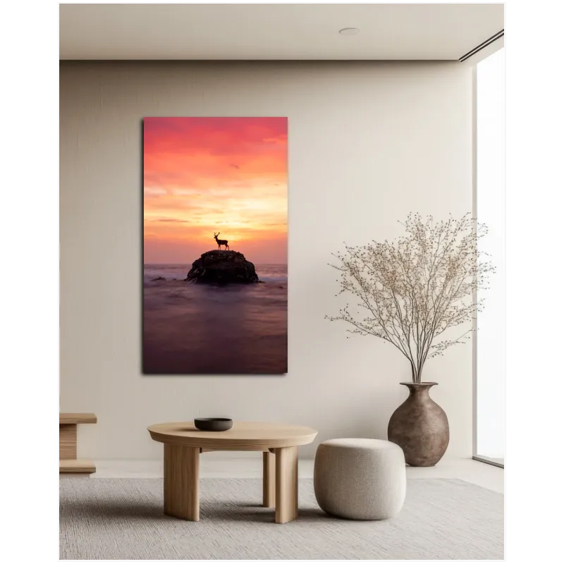 Deer Silhouette on Rock Ocean Sunset Orange
