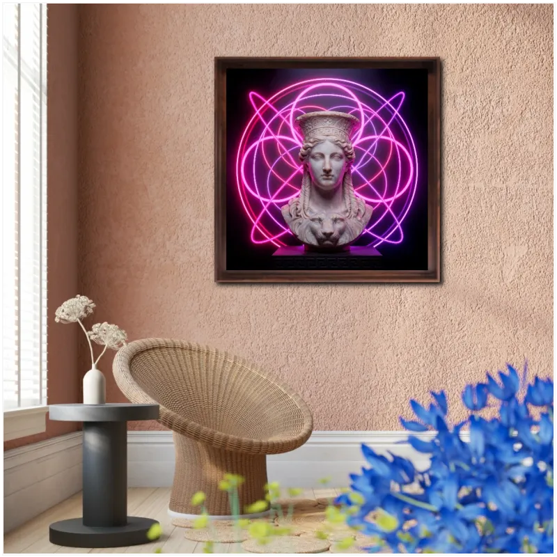 Αρχαίο Άγαλμα Καρυάτιδας με Νέον Κύκλους Magenta