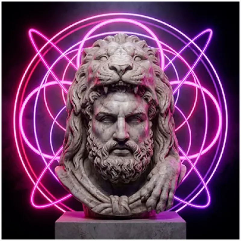 Άγαλμα Ηρακλή με Λεοντή Neon Φόντο