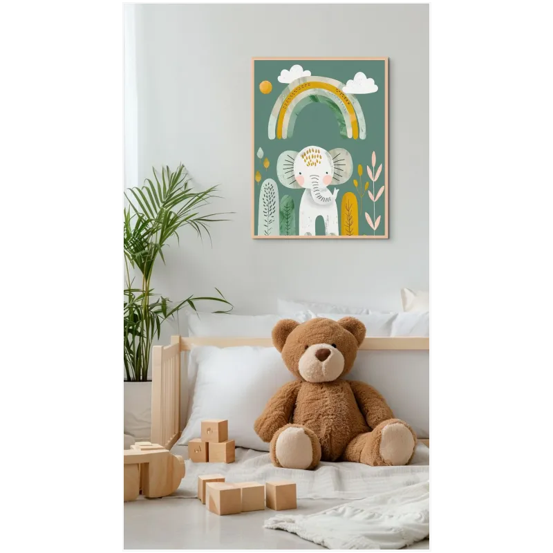 Cute Elephant with Rainbow Green Canvas Print