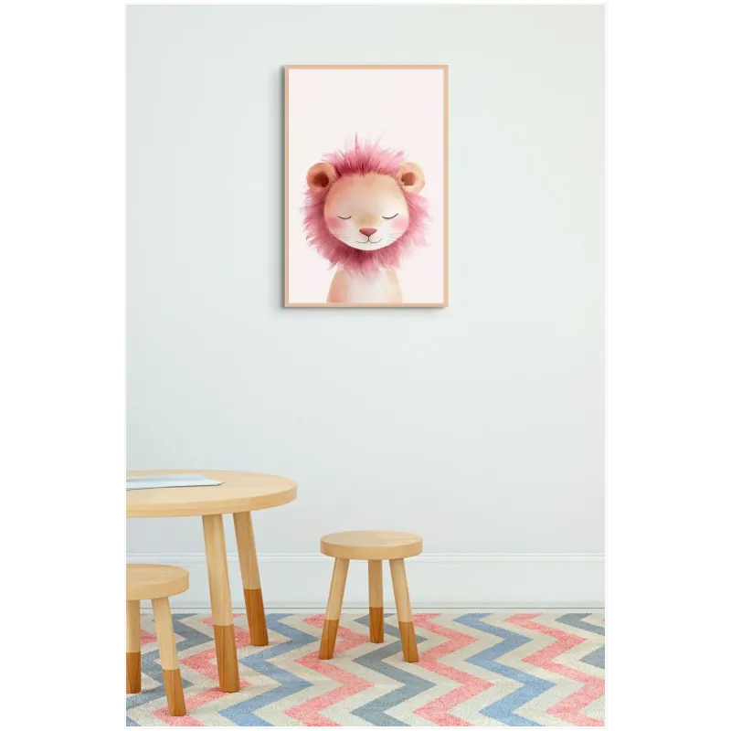 Cute Sleeping Lion Watercolor Pink Nursery Art