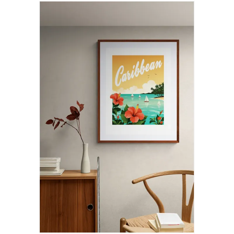 Vintage Caribbean Poster with Tropical Hibiscus Flowers