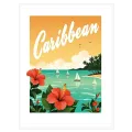Vintage Caribbean Poster with Tropical Hibiscus Flowers