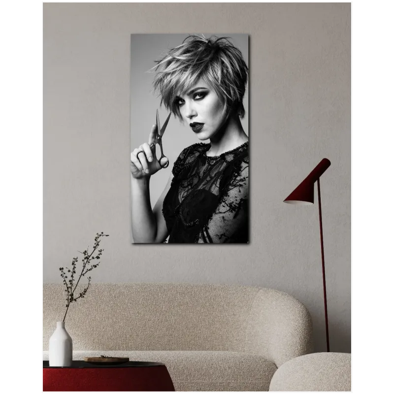 Stylish Woman with Hairdressing Scissors Black and White