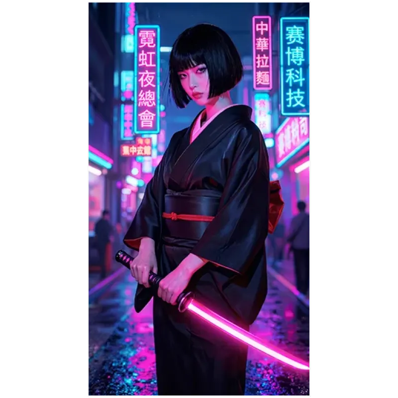 Cyberpunk Γυναίκα Σαμουράι με Φωτεινό Σπαθί Νέον