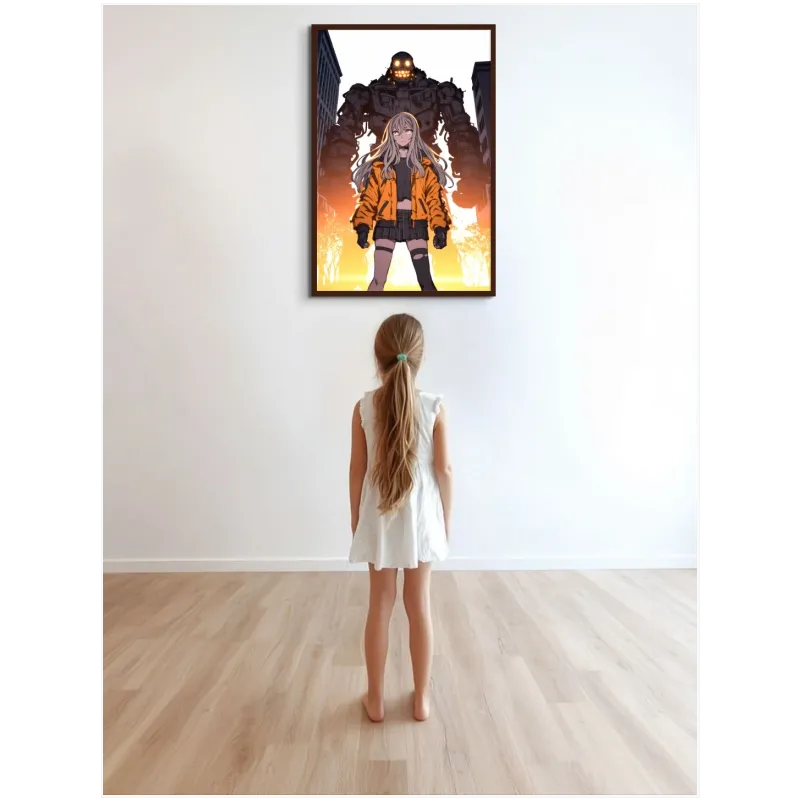 Κορίτσι Anime με Τιτάνιο Ρομπότ σε Αστικό Φόντο