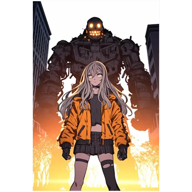 Κορίτσι Anime με Τιτάνιο Ρομπότ σε Αστικό Φόντο