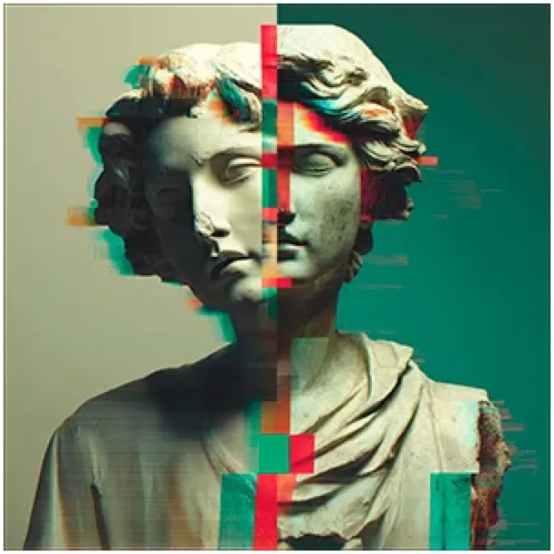 Κλασικό Άγαλμα με Ψηφιακό Glitch Εφέ και Πράσινους Τόνους