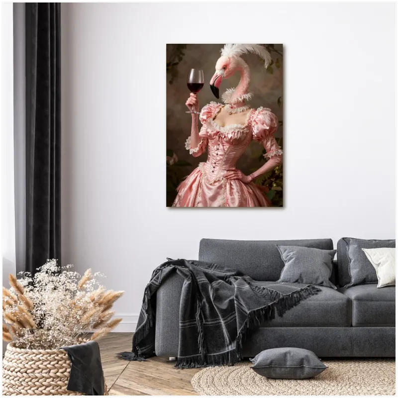 Flamingo in Victorian Pink Dress Holding Wine