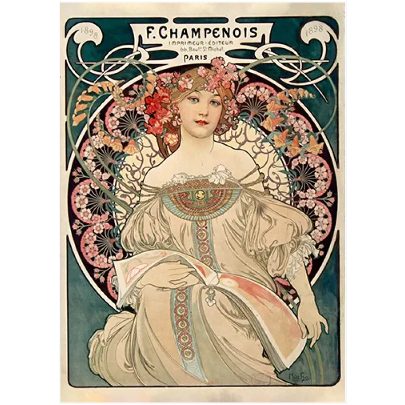 Γυναίκα Art Nouveau με Λουλούδια σε Πράσινο Φόντο