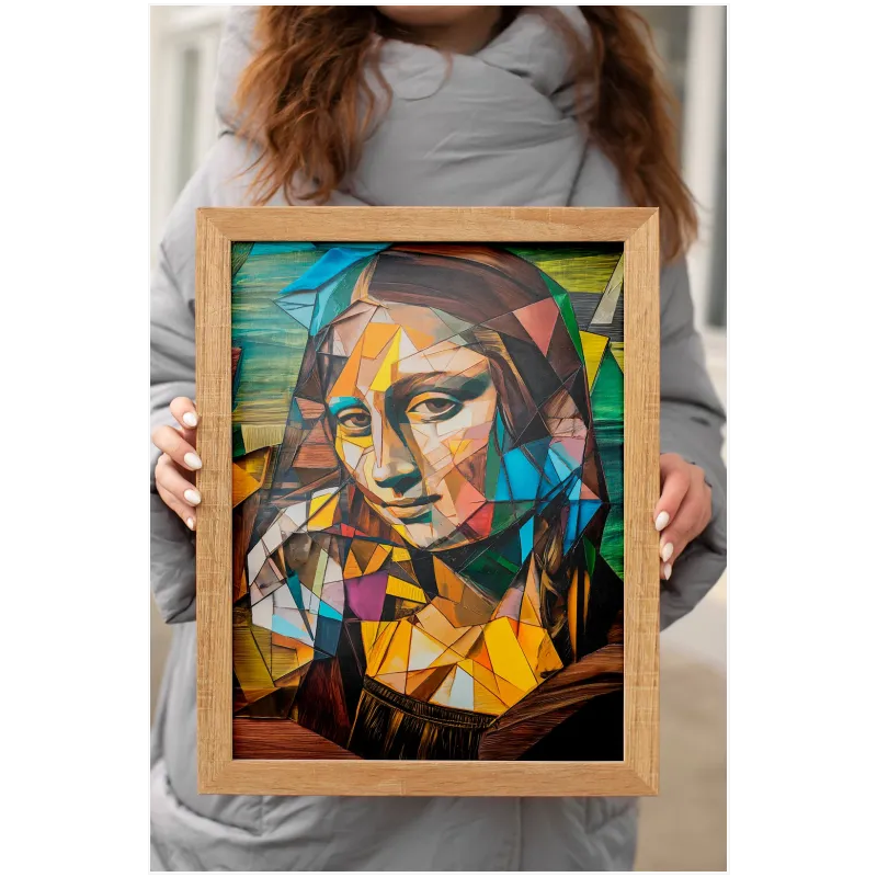 Mona Lisa Portrait Cubist Abstract Style with Colorful Geometric Shapes