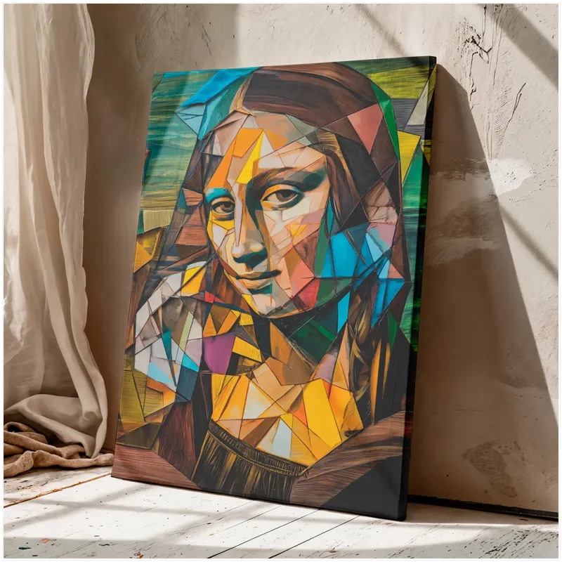 Mona Lisa Portrait Cubist Abstract Style with Colorful Geometric Shapes