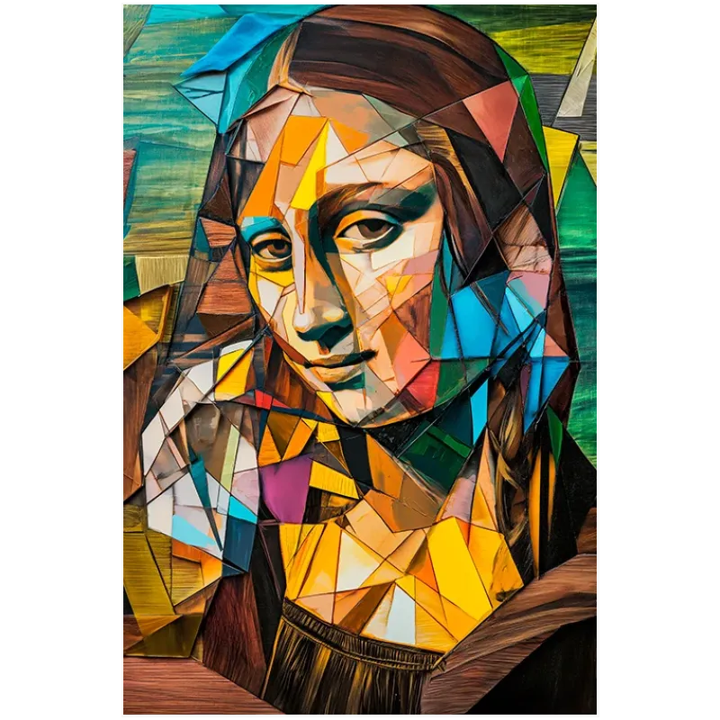 Mona Lisa Portrait Cubist Abstract Style with Colorful Geometric Shapes