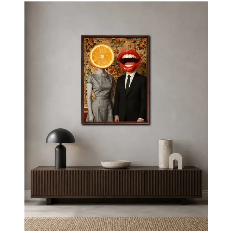 Surreal Couple with Orange Slice and Lips
